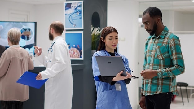 A diverse group of patients from various socio-economic backgrounds interacting with AI-powered diagnostic kiosks in a community health center, symbolizing increased accessibility to healthcare.