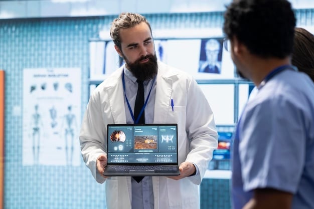 A medical professional collaborating with an AI system, reviewing diagnostic results together on a screen, illustrating the augmentation of human expertise by technology in a hospital setting.