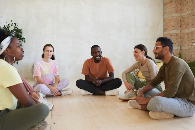 A diverse group of US adults engaged in a guided mindfulness meditation session, possibly in a group setting or individually with headphones, showing focus and serenity.