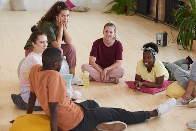 A diverse group of US adults, of various ages and ethnicities, participating in a guided meditation session in a bright, modern studio, fostering a sense of community and shared well-being.