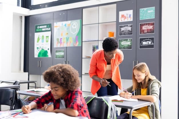 A diverse group of elementary school children collaborating on a project in a bright, modern classroom, with a teacher providing guidance.