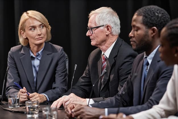A group of lawmakers engaged in a serious discussion in a congressional meeting room, symbolizing political debate and negotiation.